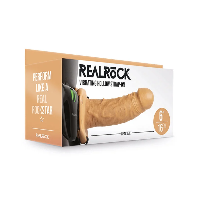 multi-speed vibrating butt plug for anal stimulation-RealRock Realistic 6 in. Vibrating Hollow Strap-On Tan