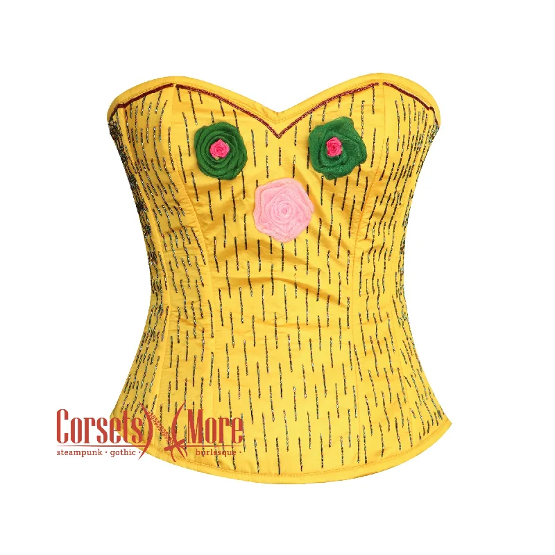 corset with asymmetrical cascades-Plus Size Yellow Satin Flowers And Sequins Work Burlesque Gothic Costume Overbust Bustier Top