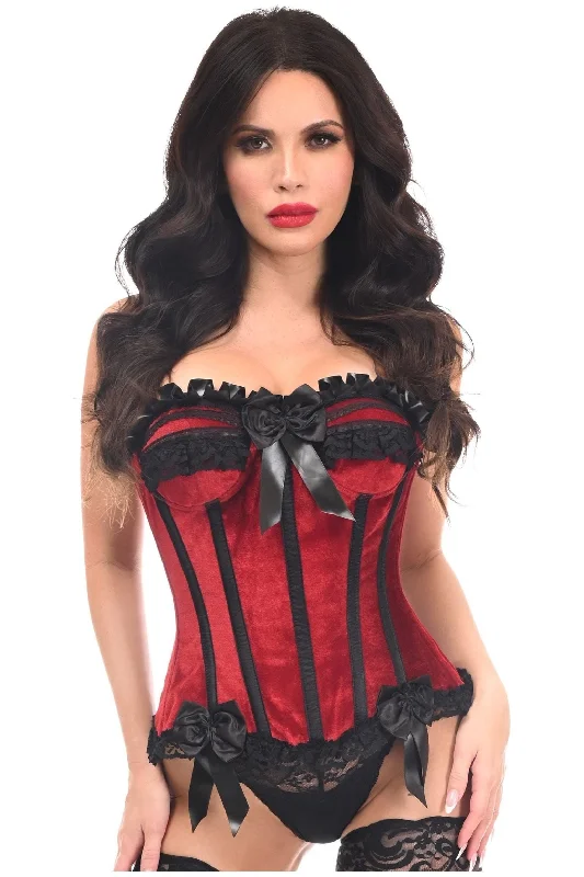 luxury lace lingerie for special nights-Top Drawer Dark Red Velvet Steel Boned Burlesque Corset