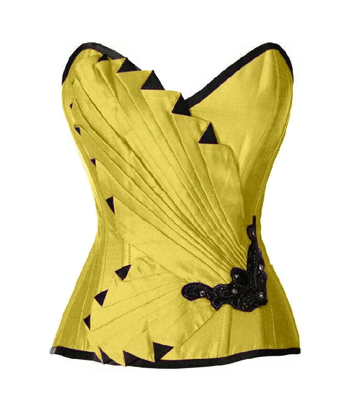 corset with flared folds-Lumley Mustard Yellow Satin/Taffeta Embroidered Overbust Corset