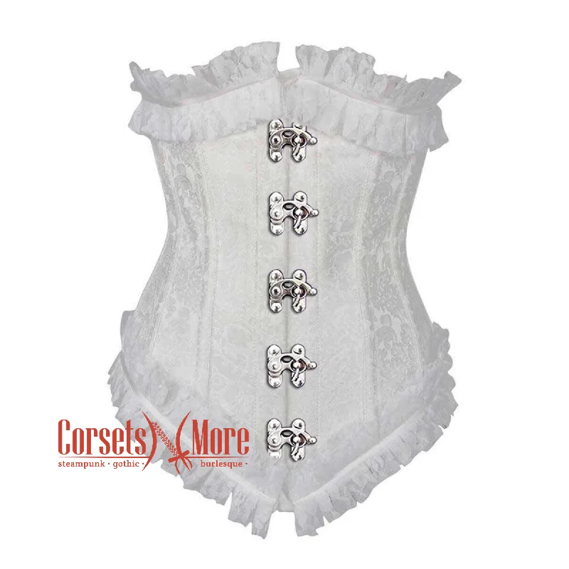 corset for steampunk cascades-Plus Size White Brocade Front Clasps Net Frill Design Gothic Waist Training Underbust Corset Bustier Top