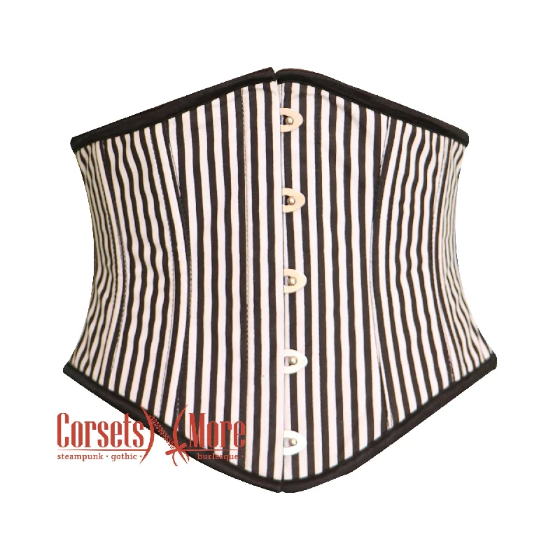 corset for gothic folds-Plus Size Black And White Stripe Poly Satin Underbust Costume Waist Cincher Basque Corset