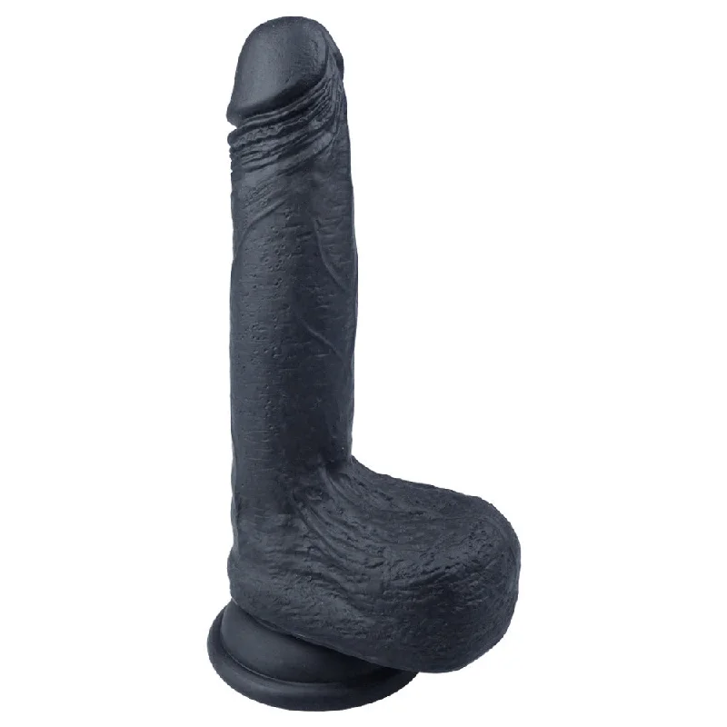 Knee-operated dildo-B44 Realistic Black Dual-Density Liquid Silicone Suction Cup Dildo with Balls 7.3 Inch