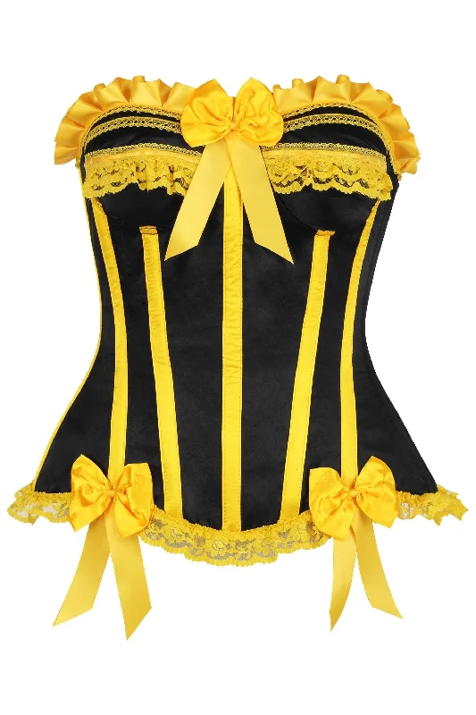 bridal lingerie set for wedding night-Top Drawer Black/Yellow Satin Steel Boned Burlesque Corset