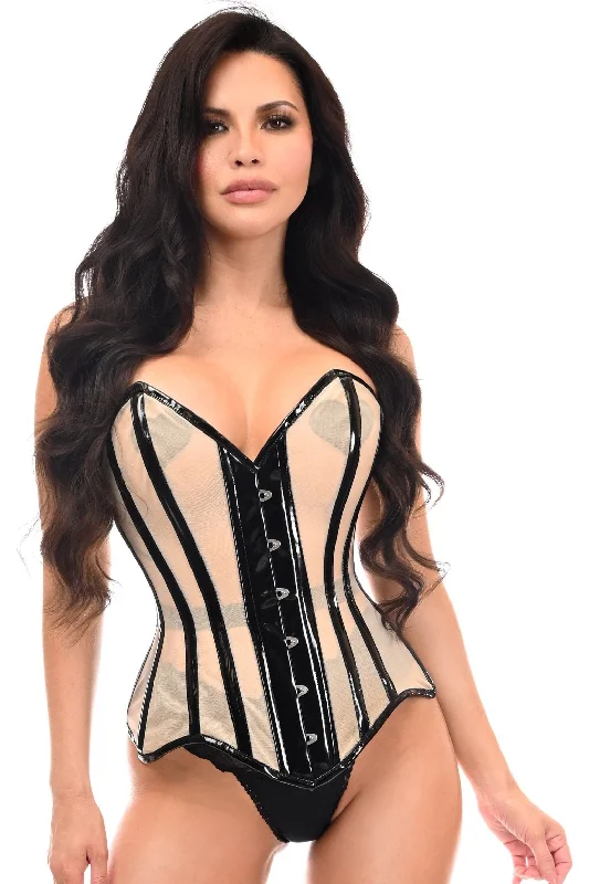 romantic lingerie for women-Top Drawer Nude Mesh & Black Patent Steel Boned Corset