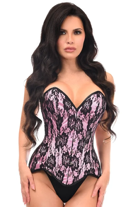 sheer lingerie for women-Top Drawer Pink Satin w/Black Lace Overlay Steel Boned Overbust Corset