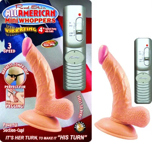 Non-Toxic Masturbator Material-All American Mini Whoppers  Vbrating 4-Inch Curved Dong W/balls-Flesh