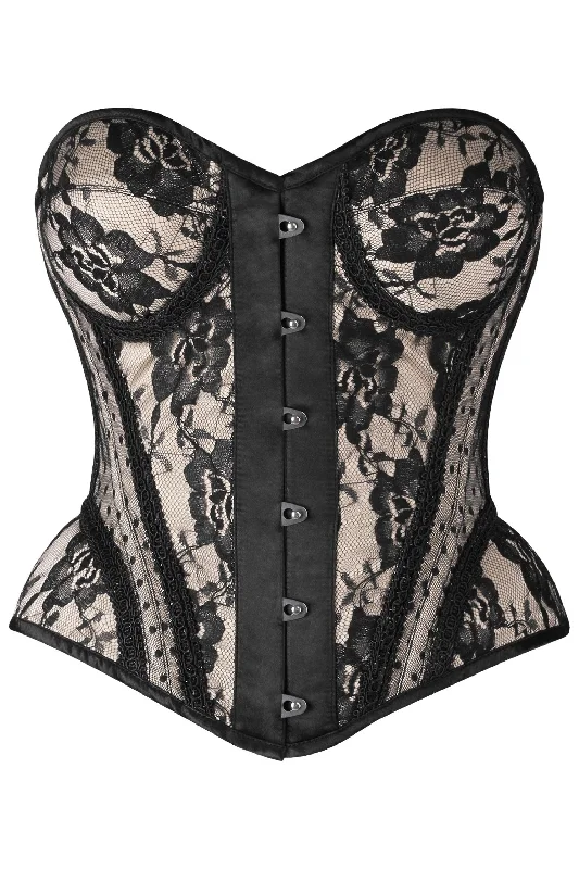 romantic lingerie with satin and lace-Top Drawer Nude w/Black Lace Steel Boned Underwire Bustier Corset