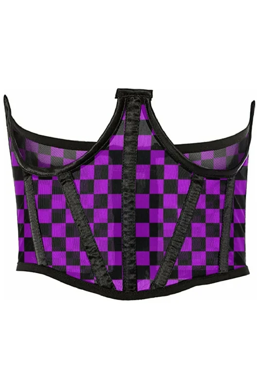 sexy lingerie with matching garter-Lavish Neon Purple/Black Checker Print Mesh Open Cup Waist Cincher