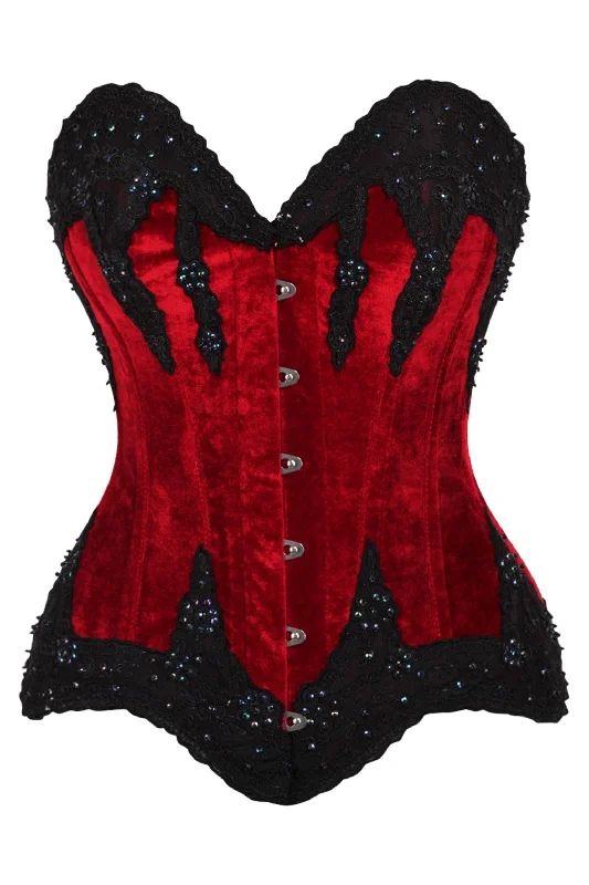 corset lingerie for shaping-Top Drawer Dark Red Velvet & Beaded Steel Boned Overbust Corset