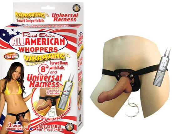 Flexible Masturbator Sleeve-Latin All American Whopper 8-Inch Vibrating Dong with Universal Harness