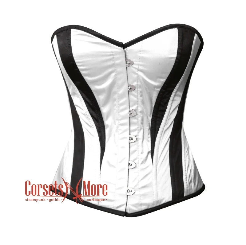 corset with bold cascades-Plus Size Black and White Satin Burlesque Costume Overbust Corset Top