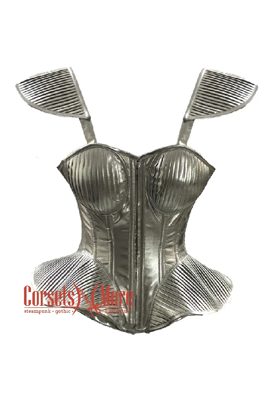 corset for steampunk tiers-Plus Size Silver Leather Overbust Corset with Shoulder Pads Bustier Costume