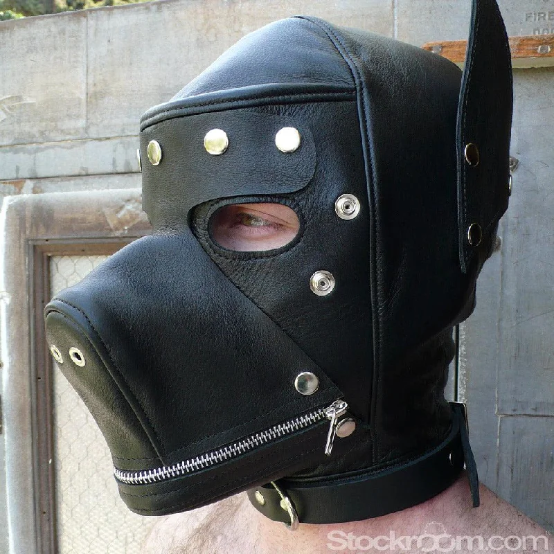 Leather Dog Hood with Snap-on Muzzle, Blindfold and Gag