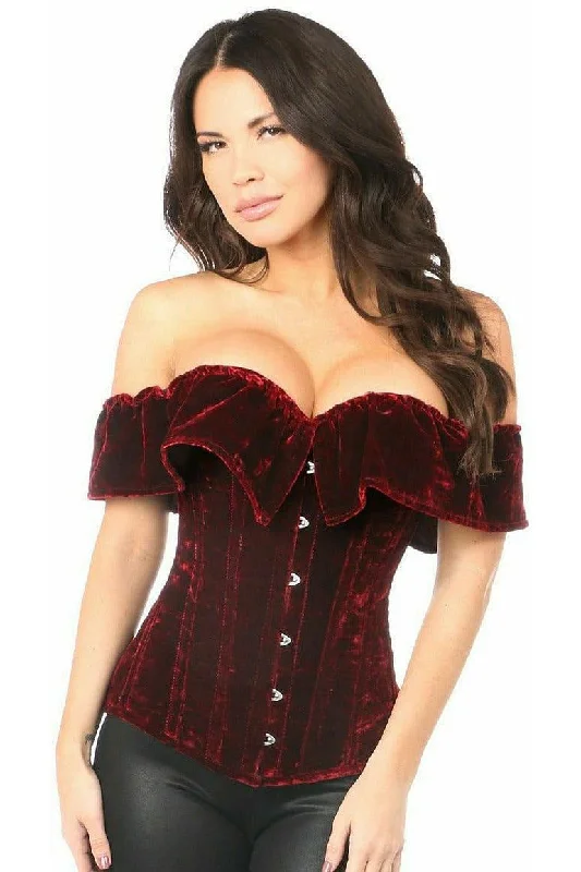 seductive satin bodysuit lingerie-Top Drawer Dark Red Velvet Off-The-Shoulder Steel Boned Corset