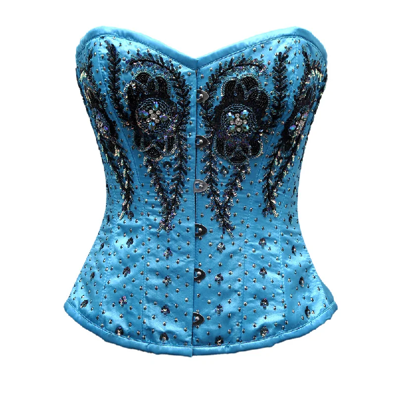 corset with flared cascades-Ingarhm Turquoise Satin Embroidery Overbust Corset