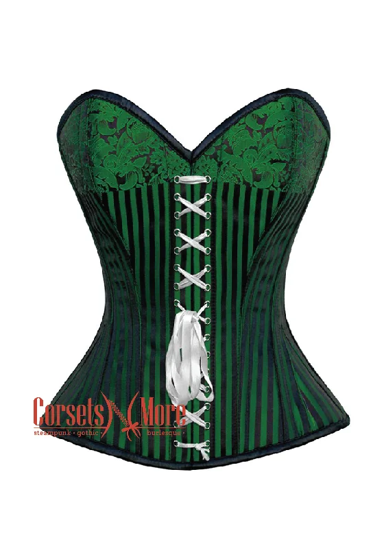 corset with leather flows-Plus Size Green And Black Brocade Steampunk Overbust Costume Corset