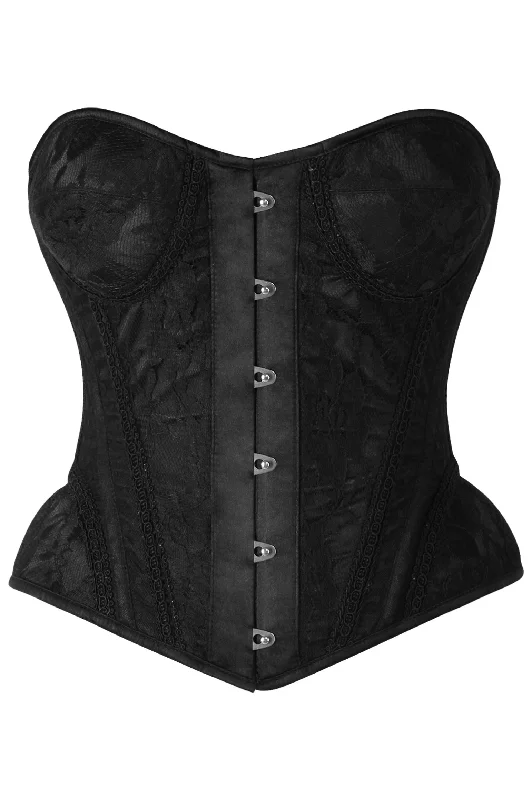 romantic lingerie with open-back lace-Top Drawer Black w/Black Lace Steel Boned Underwire Bustier Corset