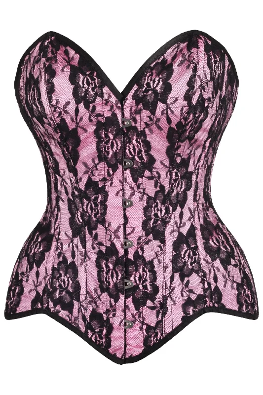 sensual lingerie with lace trim-Top Drawer Pink Satin w/Black Lace Overlay Steel Boned Overbust Corset