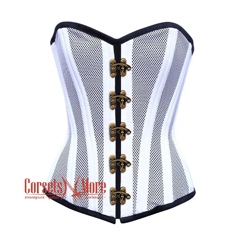 corset with studded drops-Plus Size White Satin With Mesh Front Seal Lock Double Bone Burlesque Gothic Overbust Corset Bustier Top