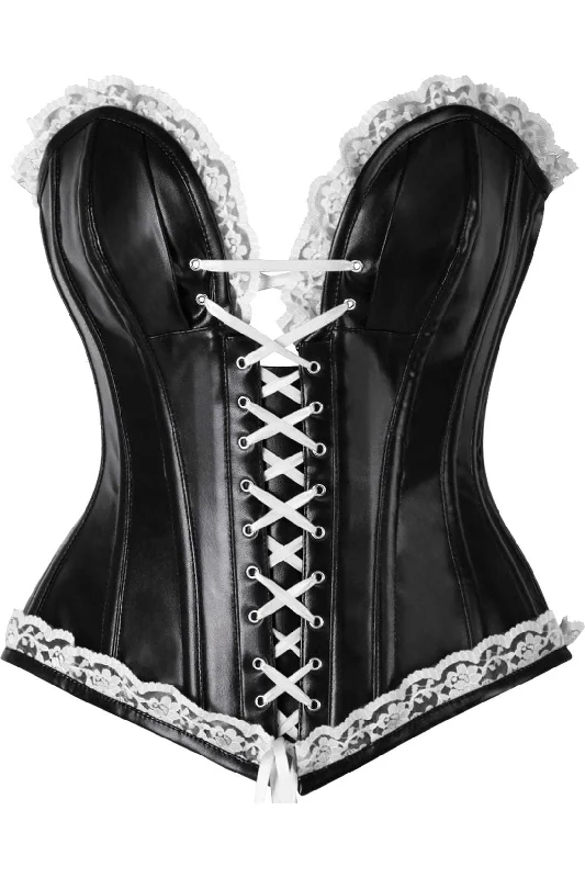 sexy teddy lingerie with lace detailing-Top Drawer Black Faux Leather & White Lace Trim Steel Boned Corset