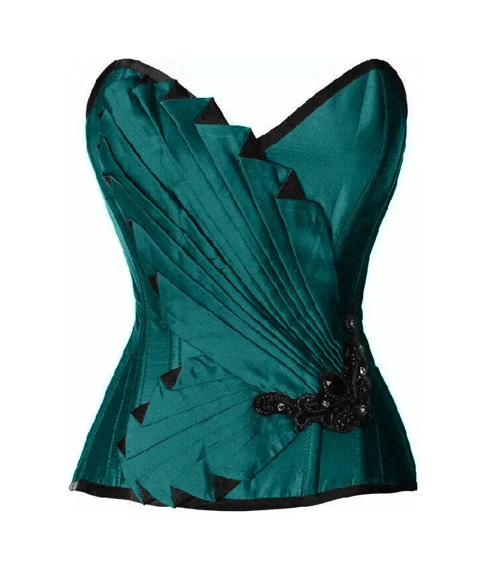 corset with lace folds-Tierney Emerald Green Satin/Taffeta Embroidered Overbust Corset