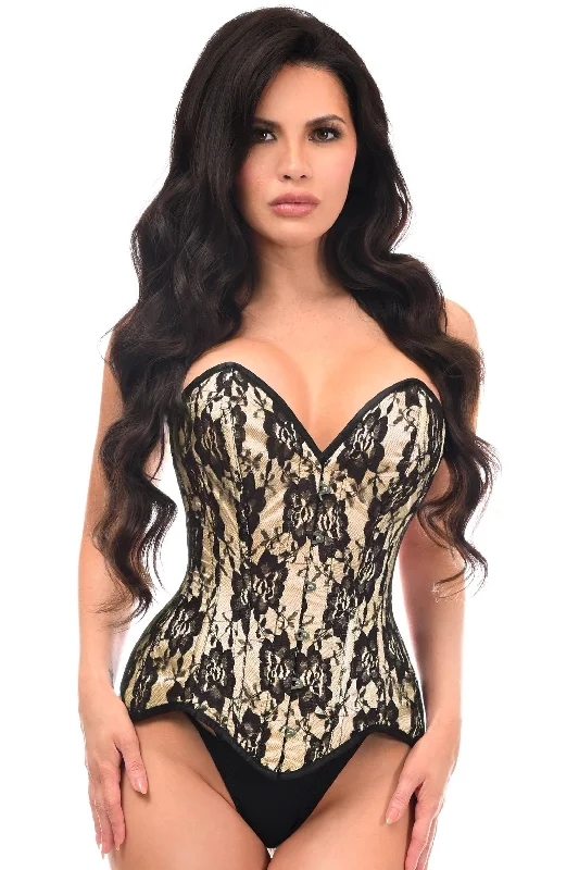 seductive lingerie for intimate moments-Top Drawer Nude Satin w/Black Lace Overlay Steel Boned Overbust Corset