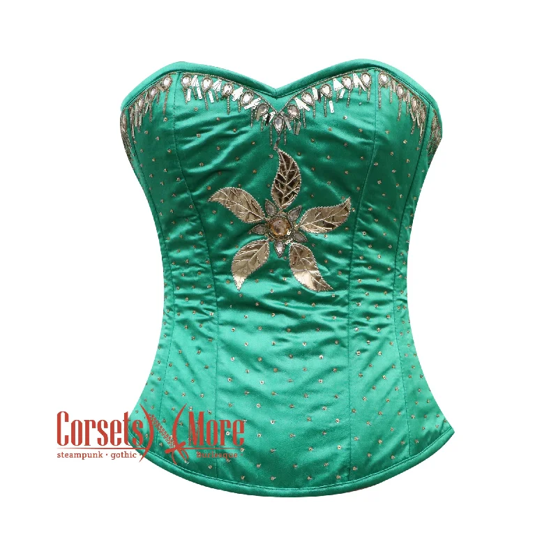 corset for summer folds-Plus Size Green Satin Gold Sequins Burlesque Gothic Costume Overbust Bustier Top