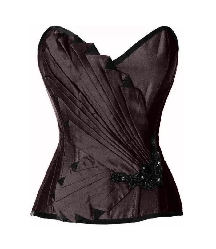 corset with asymmetrical folds-Wayth Black Satin/Taffeta Embroidered Overbust Corset