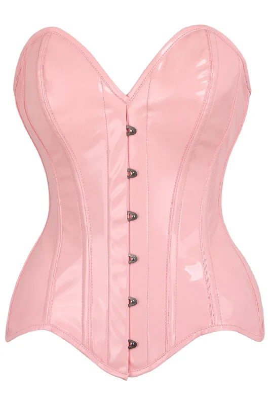 sexy lingerie for women-Top Drawer Lt Pink Patent Leather Steel Boned Overbust Corset