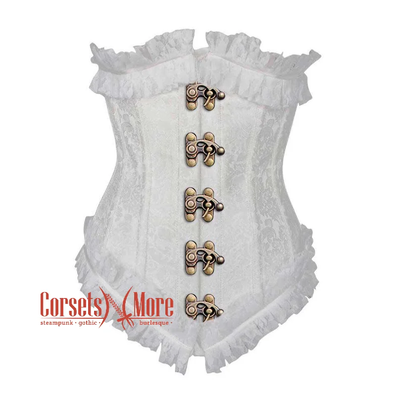 corset for club folds-Plus Size White Brocade Antique Clasps Net Frill Design Gothic Waist Training Underbust Corset Bustier Top