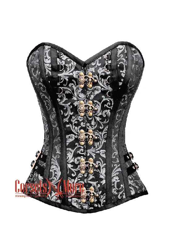 corset for burlesque cascades-Plus Size Black and Silver Brocade With Antique Clasps Steampunk Overbust Costume Corset