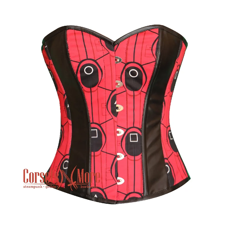 corset with plunging folds-Plus Size Red And Black Printed Lycra Leather Stripes Squid Game Costume Overbust Bustier Top