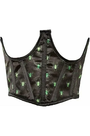 elegant silk lingerie for couples-Lavish Black & Green Spiders Satin Open Cup Waist Cincher