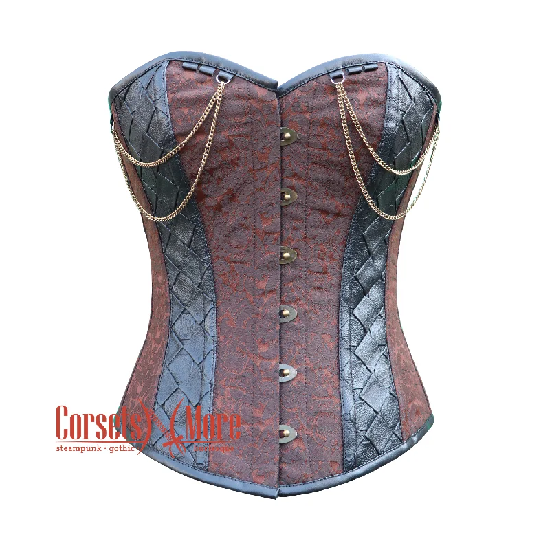 corset for vintage gathers-Plus Size Brown Brocade With Leather Steampunk Costume Overbust Corset Top