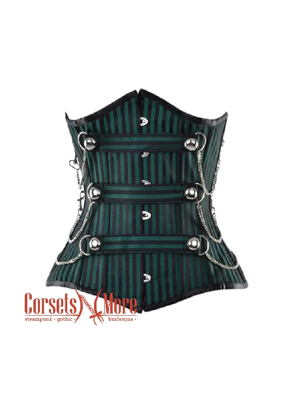 corset with side flows-Plus Size Green and Black Striped Brocade Steampunk Underbust Costume Corset