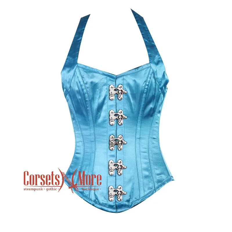 corset with metallic drops-Plus Size Baby Blue Satin Shoulder Strap Front Clasp Burlesque Overbust Corset Bustier Top