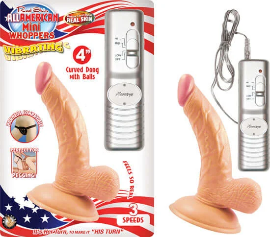 Skin-Safe Masturbator Design-All American Mini Whoppers: 4-Inch Vibrating Curved Dong with Balls - Flesh Tone