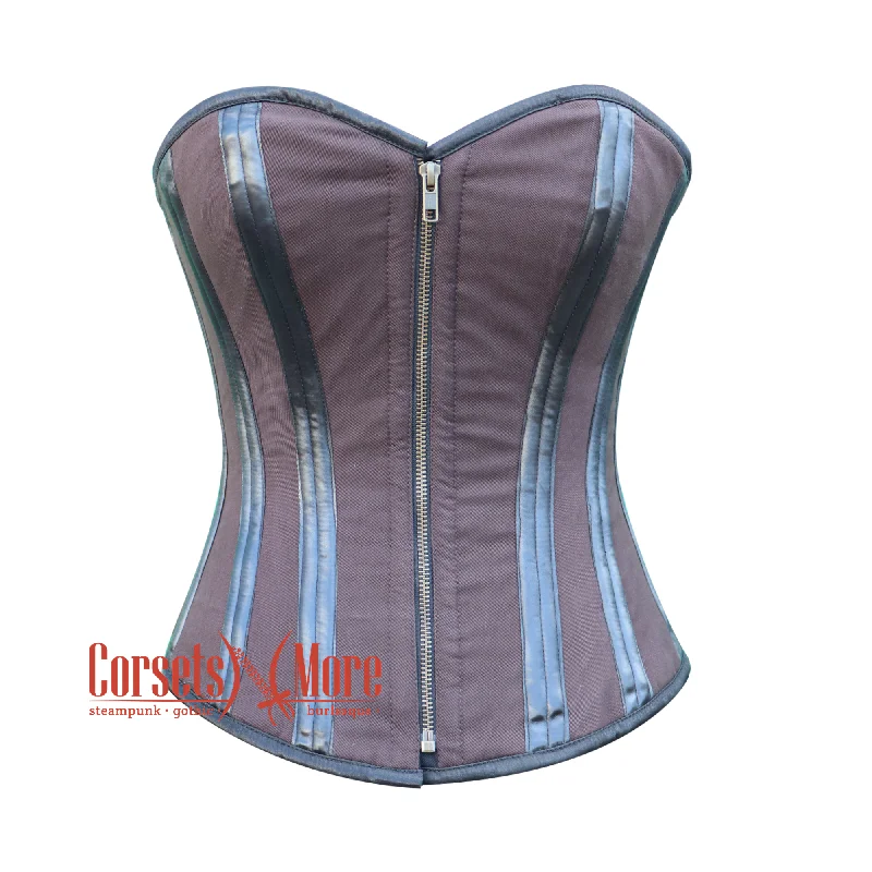 corset with sheer gathers-Plus Size Brown Cotton Leather Stripe Steampunk Double Bone Costume Overbust Corset