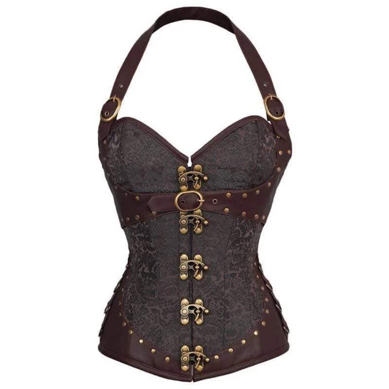 mesh teddy lingerie set-Women's Gothic Floral Halter Top Corsets With T-back