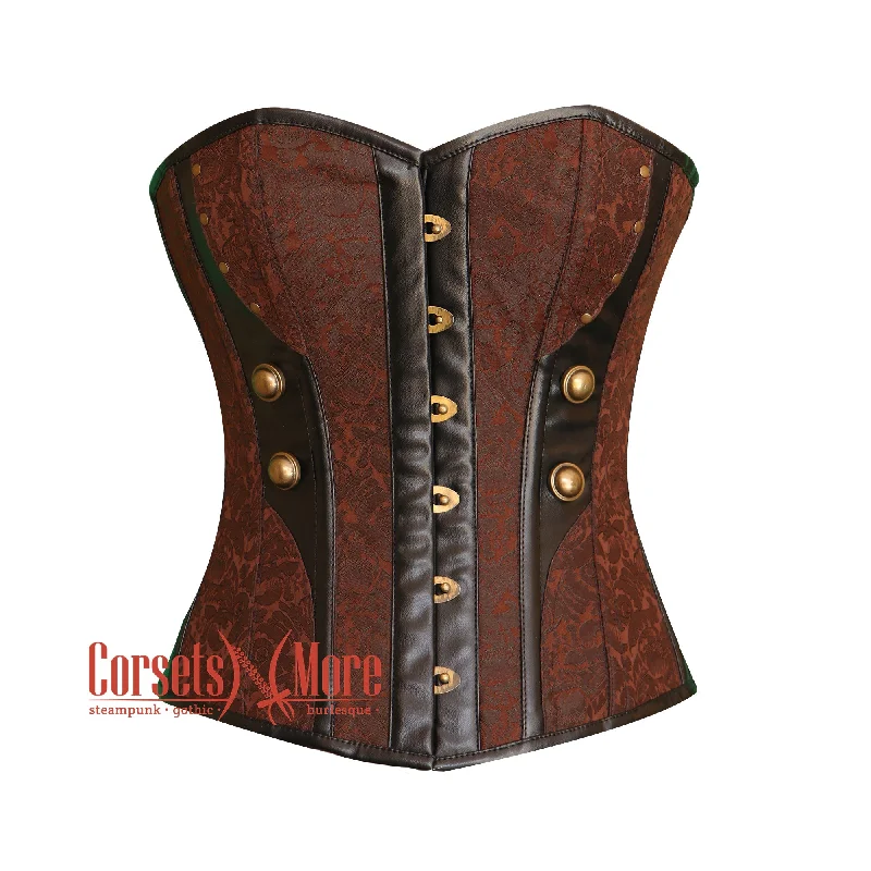 corset for evening cascades-Plus Size Brown Brocade Black Leather Steampunk Costume Overbust Bustier Top