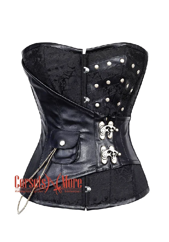 corset for steampunk drapes-Plus Size Black Brocade Leather Steampunk Overbust Costume Corset