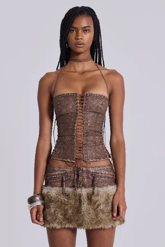 corset with scalloped flows-Odile Brown Faux Leather Lace Up Corset