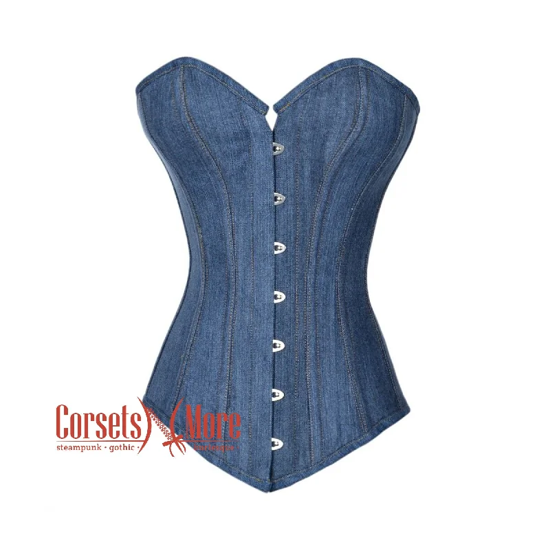 corset with side cascades-Plus Size Blue Denim Long Burlesque Bustier Waist Trainer Overbust Corset Top