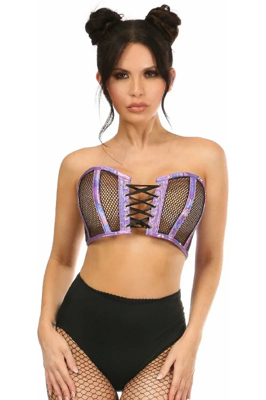 sexy lingerie with stockings and garter-Lavish Purple Holo & Fishnet Lace-Up Short Bustier Top