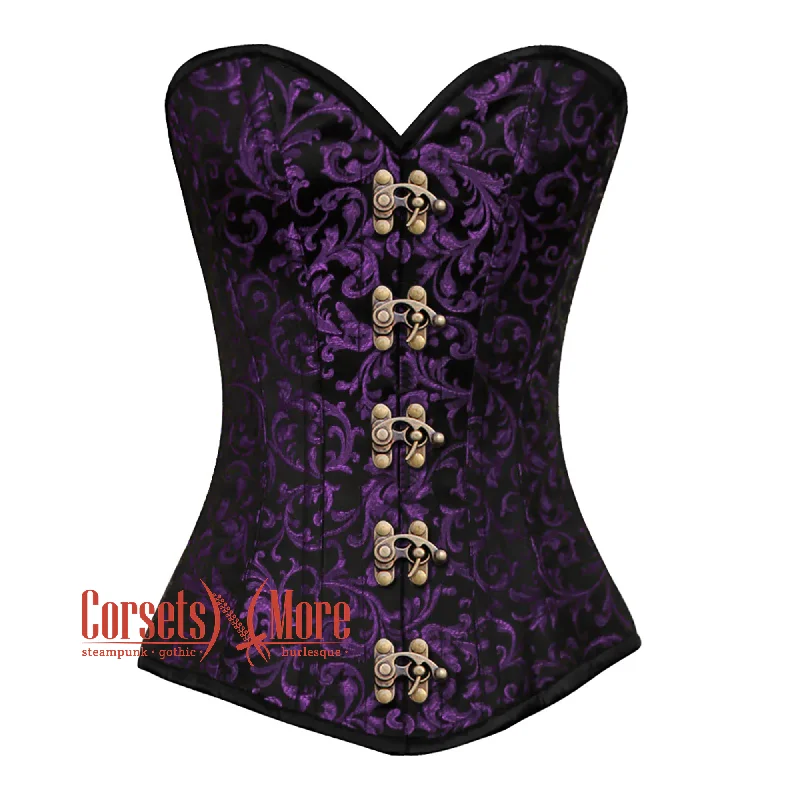 corset with metallic gathers-Plus Size Purple And Black Brocade Antique Clasps Gothic Corset Burlesque Overbust Top