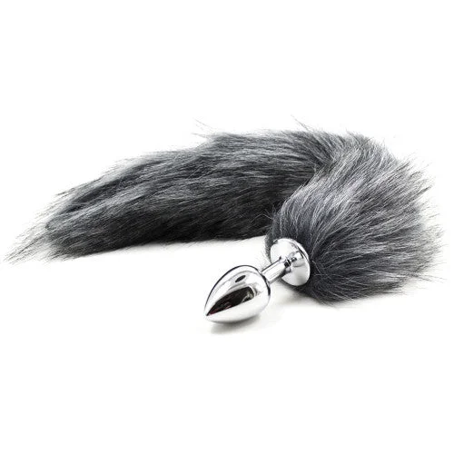 Water-Resistant Masturbator Tool-Grey faux fur Fox tail with metal butt plug MEDIUM