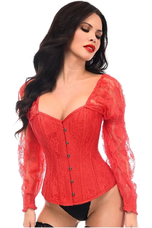 sexy lingerie for women-Top Drawer Red w/Red Lace Steel Boned Long Sleeve Corset