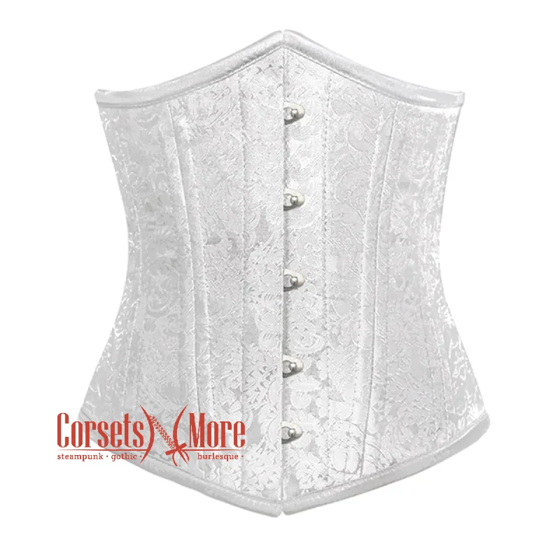 corset with satin cascades-Plus Size White Brocade Silver Busk Double Bone Steampunk Gothic Waist Training Underbust Corset Bustier Top