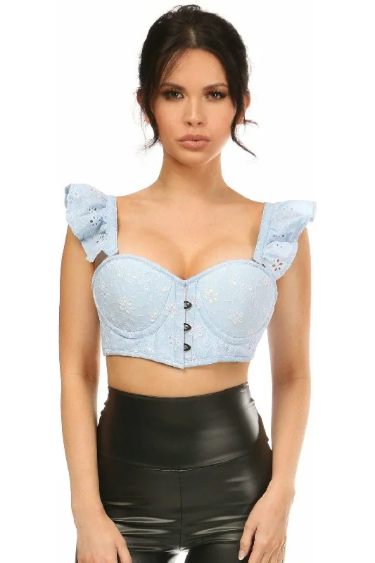 bridal lingerie with matching garter-Lavish Lt Blue Eyelet Underwire Bustier Top w/Removable Ruffle Sleeves